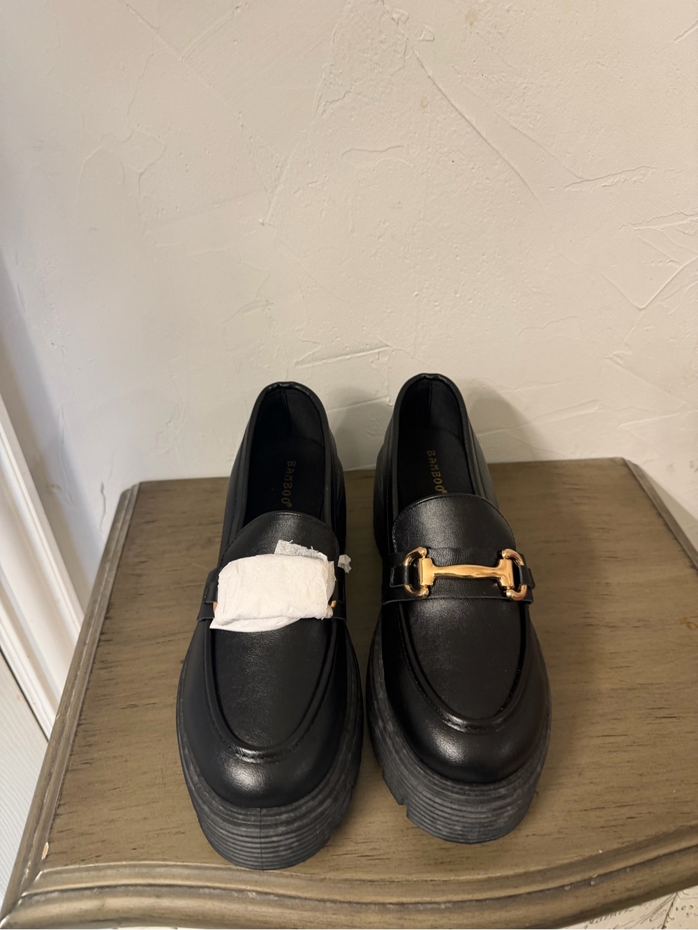 BAMBOO Black Platform Loafers with Gold Hardware